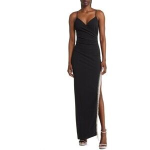 LOVE, NICKIE LEW Crystal Fringe Trim Faux Wrap Gown L Black Maxi Dress NWT B58